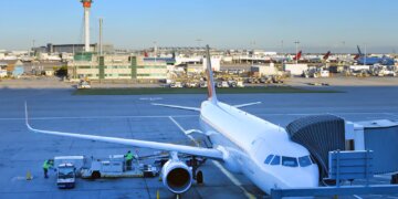Commercial airplane parked at an airport terminal with ground crew and equipment nearby.