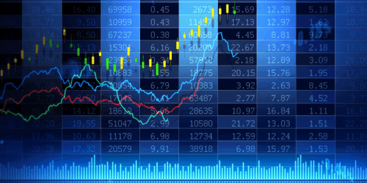 Graphical representation of stock market data with various colored lines and bar charts.