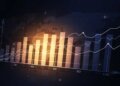 Graphical representation of financial data with bars and line charts on a dark background.