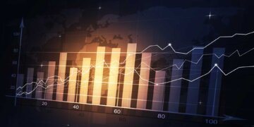 Graphical representation of financial data with bars and line charts on a dark background.