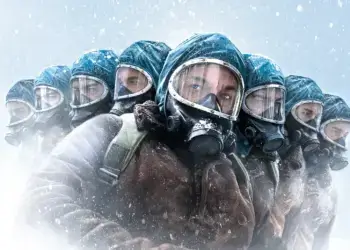A group of individuals wearing gas masks and protective clothing in a snowy environment.