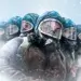 A group of individuals wearing gas masks and protective clothing in a snowy environment.