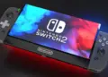 Nintendo Switch 2 gaming console with a colorful screen and gray controllers.