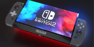 Nintendo Switch 2 gaming console with a colorful screen and gray controllers.