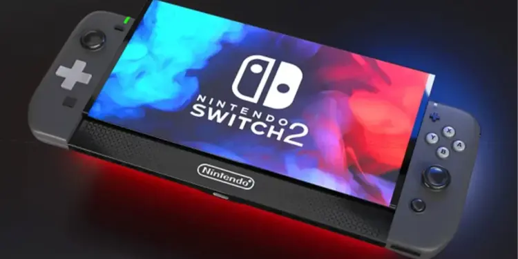 Nintendo Switch 2 gaming console with a colorful screen and gray controllers.