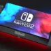 Nintendo Switch 2 gaming console with a colorful screen and gray controllers.