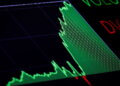 Stock market graph displaying a fluctuating line in green and red on a dark background.