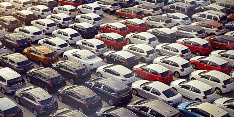 Aerial view of a parking lot filled with numerous cars in different colors and models.