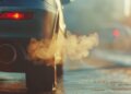 Close-up of a car tailpipe emitting thick exhaust gases in an urban setting.