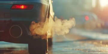 Close-up of a car tailpipe emitting thick exhaust gases in an urban setting.