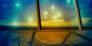 Air traffic control screen displaying aircraft symbols and weather data in a control tower.