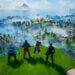 Four characters from Fortnite standing on a grassy hill overlooking a vibrant game landscape.