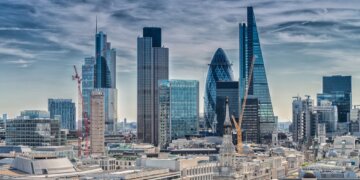 View of London's skyline featuring various modern skyscrapers and architectural designs.