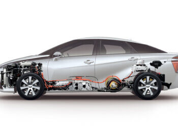 Cross-sectional view of a Nissan hybrid car showing internal components and structure.