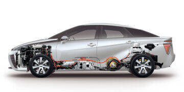 Cross-sectional view of a Nissan hybrid car showing internal components and structure.