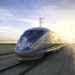 A high-speed train traveling on tracks with a blurred background of landscape and sunrise.