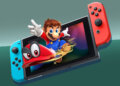 Nintendo Switch console with Mario character and red hat displayed on the screen.
