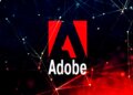 Adobe logo displayed prominently against an abstract background with geometric lines and shapes.
