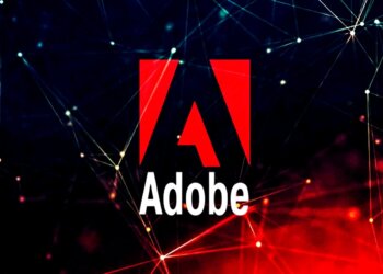 Adobe logo displayed prominently against an abstract background with geometric lines and shapes.
