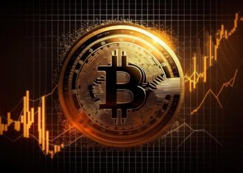 Bitcoin symbol in gold color with a financial graph in the background showing upward trends.