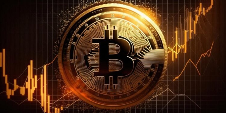 Bitcoin symbol in gold color with a financial graph in the background showing upward trends.