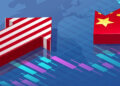 Graphic representation of trade arrows featuring the US and China flags with a financial chart background.
