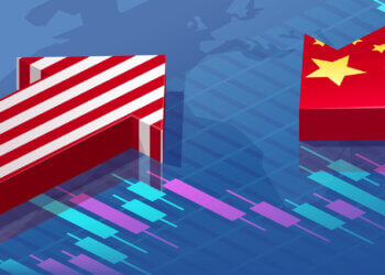 Graphic representation of trade arrows featuring the US and China flags with a financial chart background.