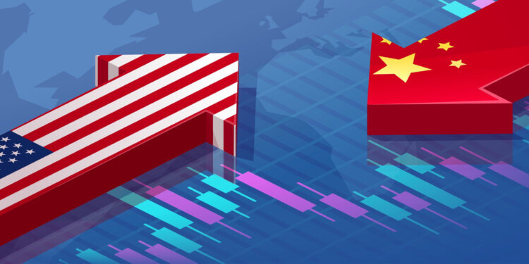 Graphic representation of trade arrows featuring the US and China flags with a financial chart background.