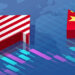 Graphic representation of trade arrows featuring the US and China flags with a financial chart background.
