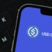 Close-up of a smartphone screen showing the USD Coin logo on a blue background.