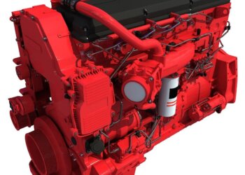 A red diesel engine with various components and piping visible from multiple angles.