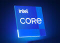 Intel Core logo displayed on a blue background with illuminated effects.