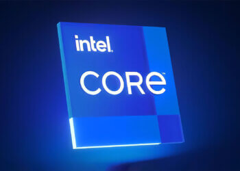 Intel Core logo displayed on a blue background with illuminated effects.