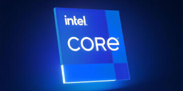 Intel Core logo displayed on a blue background with illuminated effects.