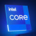 Intel Core logo displayed on a blue background with illuminated effects.