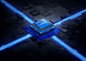 Intel Core processor positioned on a circuit board with blue lighting effects.