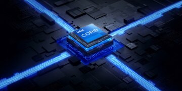 Intel Core processor positioned on a circuit board with blue lighting effects.